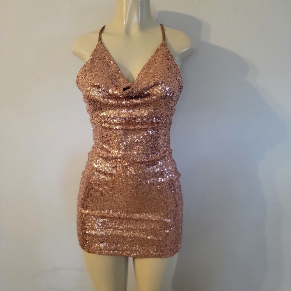 Fashion Nova Sparkling Rose Gold Mini Dress